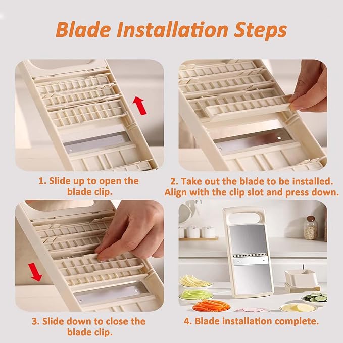 Mandoline Food Slicer for Kitchen, Potato, Tomato, Carrot, Onion, Vegetable and Fruit Cutter, with 4 Stainless Steel Blades and 1 Safety Guard, BPA-Free Plastic Body