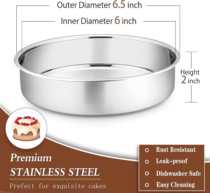P&P CHEF 6 Inch Round Cake Pan Set of 3, Stainless Steel Round Baking Layer Pans Bakeware for Layer Birthday Cake, Fit Oven/Pots/Pressure Cooker, Leakproof & Dishwasher Safe, Silver