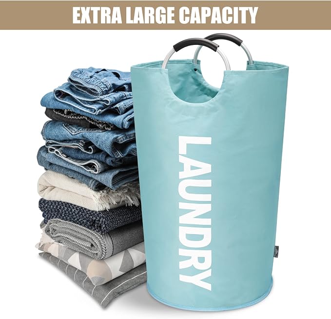 DOKEHOM 90L Large Laundry Basket Bag, Collapsible Tall Hamper, Light Blue | Freestanding tall washing bin & foldable laundry bag. High-capacity clothes storage basket with durable sturdy handles