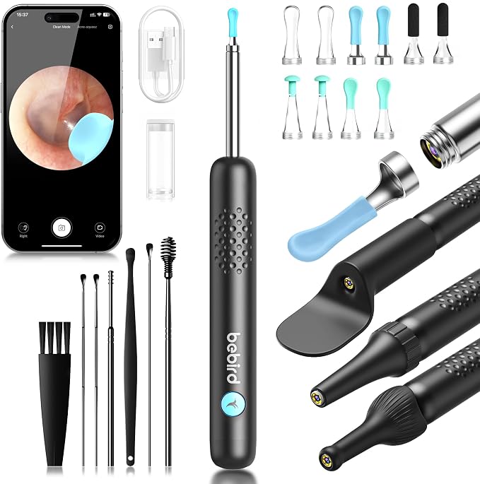 BEBIRD R1 Wax Removal Tool for Ear - Spade Ear Canal Cleaner with Camera 1080P Earscope, Wax Remove Ear Picker with Vari Replacement Tips, Camera with 6LED Light for Ear/Nose/Throat Examination, Black