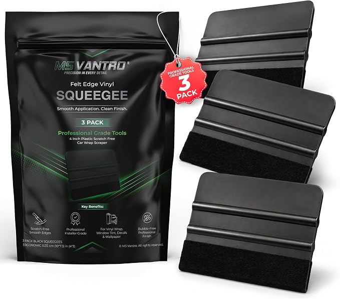 Professional Value 3 Pack PP Black Felt Edge Vinyl Squeegee Tool 4 Inch Plastic Scratch Free Car Wrap Scraper Decal Applicator for Window Tint Film Wallpaper Smoothing Tool