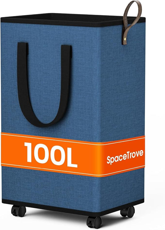 SpaceTrove Rolling Laundry Basket with Wheels, Laundry Hamper, 100L, Navy | Collapsible, 4 detachable wheels including 2 with brakes, sturdy handle, metal frame, for dorms, bathrooms and bedrooms
