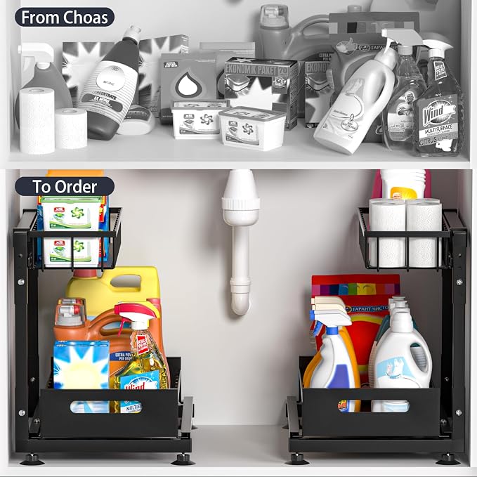 Saydear 2-Pack L-Shaped Under Sink Organizer, 2-Tier Pull-out Cabinet Rack | Black Height-Adjustable Steel Rack, Sliding Grid Drawers with PP Liners, Holds 100 Lbs, Suction Base, Ideal Kitchen Storage
