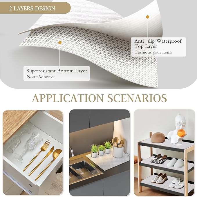 Beautysaid Shelf and Drawer Liner for Kitchen Cabinet Non Adhesive Non Slip | Shelf Paper Waterproof Washable Thickened for Dresser Pantry Shelve Bathroom Protector Liner(White,23.6 in x 20 FT)