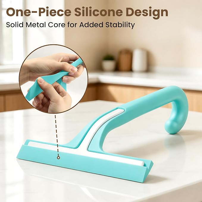 Shower Squeegee for Glass Doors - 10 Inch Bathroom Squeegee with Ergonomic Round Grip, Built-in Hook, Streak-Free No-Squeak Silicone Blade for Shower Glass, Tile Walls, Mirrors & Windows, Mint Green