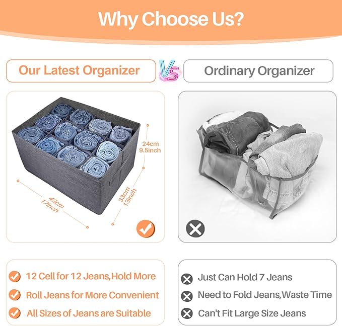 EASEVE Closet Organizers and Storage Bins for Clothes - 12 Cell Drawers Organizer Grid Storage Box for Jeans Pants Sweater Towel T-shirts, Wardrobe Shelf Dividers Closets Organization (1 Pcs)