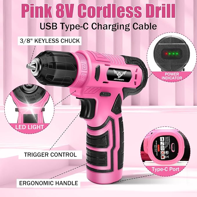 JENABOM 127-Piece Home Tool Set with 8V Pink Cordless Drill | With Portable Toolbox, Hand Tools for Home Repair, DIY Projects & Daily Use, Gift for Women & Men