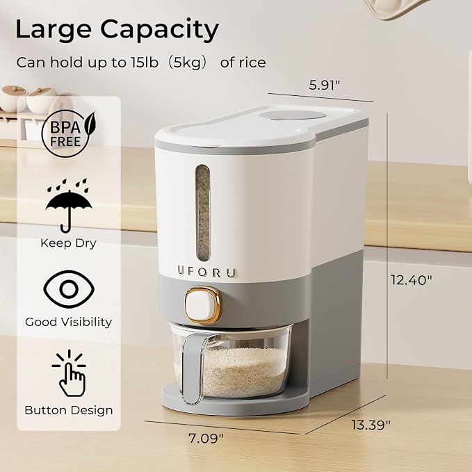 UFORU Rice Dispenser, Rice Storage Container with Measuring Cup for Kitchen Pantry Household, Dry Food Storage Containers Airtight, Sealed Moisture Proof (Grey 13 Lbs)