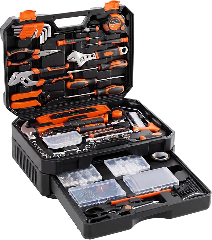 NEWBULIG 330-Piece Complete Tool Box Set, Durable Homeowners Tool Kit with Pull-Out Drawer, Versatile Home Repair Kit for Auto & Household, DIY Projects, Black-Yellow