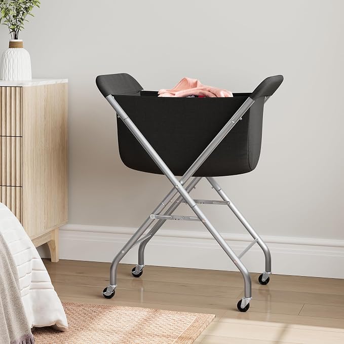 ELYKEN Laundry Basket with Wheels, Collapsible Laundry Hamper, Black | Removable Liner Bag, Foldable Design, Sturdy Metal Frame, 4 Casters, 32”H Laundry Cart for Bedroom, Bathroom & Laundry Room