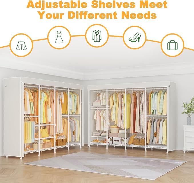 ULIFHOME Clothes Rack with Cover, Large Clothing Racks for Hanging Clothes | H41C Heavy Duty Garment Rack, Adjustable Shelves and Rods, Max Load 1150 Lbs, White Portable Closet Rack with White Cover