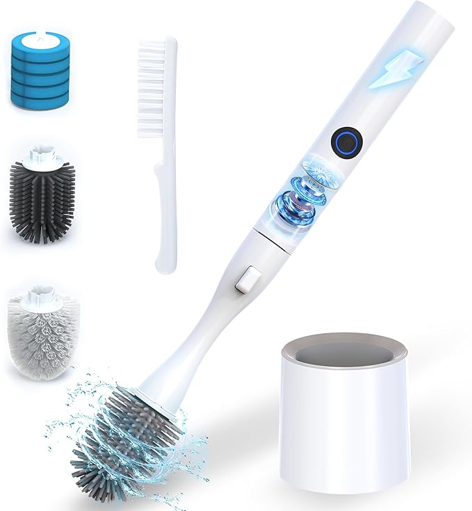 Miadore Electric Toilet Brush with Holder, Hands-Free Auto-Clamp Toilet Scrubber with 3 Replacement Heads (Silicone/Nylon/Disposable) and Gap Brush, Compact Bathroom Cleaning Set for RV