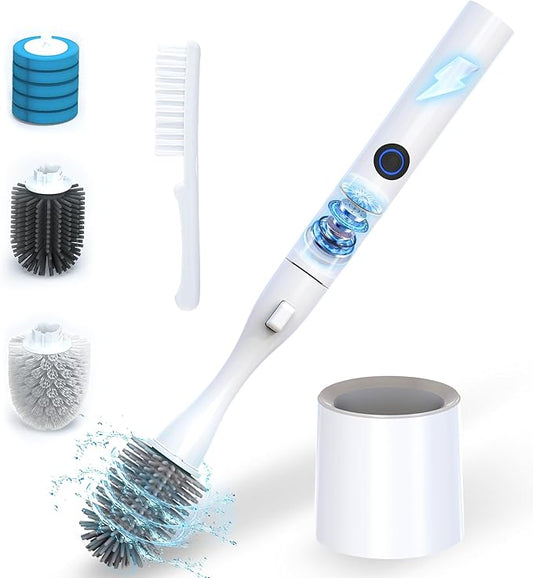 Miadore Electric Toilet Brush with Holder, Hands-Free Auto-Clamp Toilet Scrubber with 3 Replacement Heads (Silicone/Nylon/Disposable) and Gap Brush, Compact Bathroom Cleaning Set for RV
