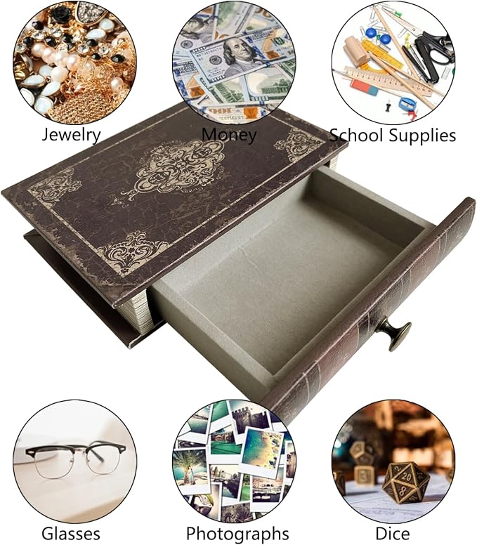 Vintage Decorative Book Storage Box with Drawer, Distressed Dark Brown Faux Leather Finish with Ornate Pattern, Hidden Keepsake Case for Desk or Bookshelf Display 9.5″ x 6.7″ x 2″