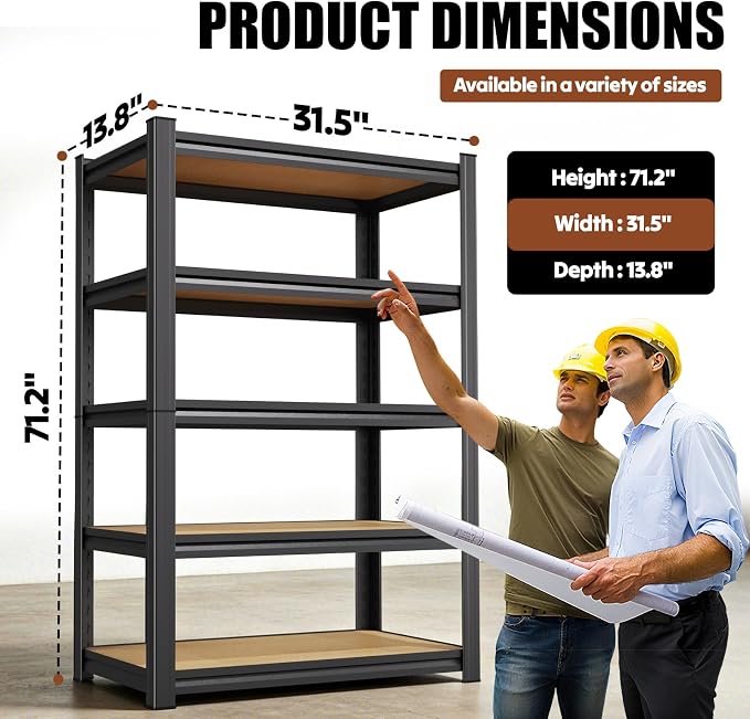 2Pack Storage Shelves, 2500lbs Garage Shelving,Adjustable Heavy Duty Shelving Unit,5T Tall Garage Shelves，Wood Metal Standing Shelf Units,Utility Rack for Kitchen 71.2''H*31.5''W*13.8''D