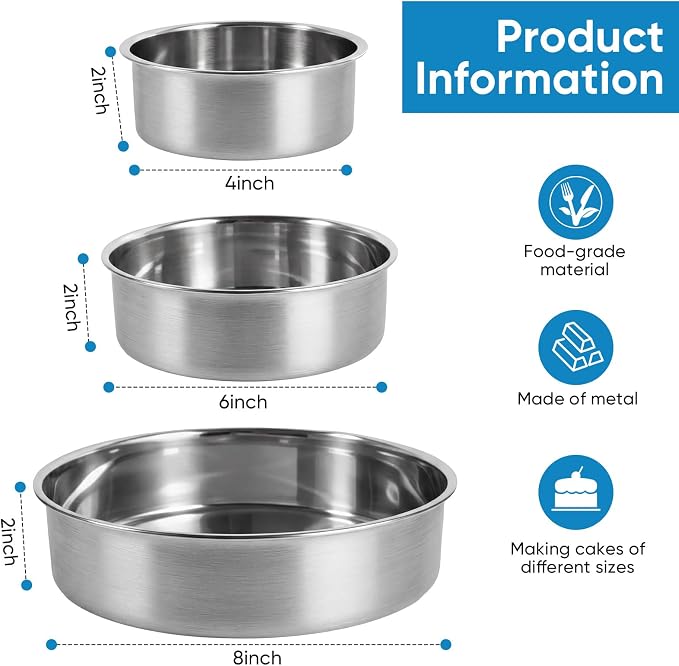 4 6 8 Inch 3-Piece Round Cake Pan Set with 150 Parchment Paper Liners, Stainless Steel Baking Pans with Handles, Includes Silicone Brush & Spatula, Layer Cake Baking Set for Cheesecake, Birthday Cake
