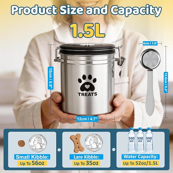 ENONCI Dog Treat Container Airtight,5.9"x4.7" Stainless Steel Cat Treat Jar for Kitchen Counter with Scoop, Pet Storage for Fresh Dog Cookie