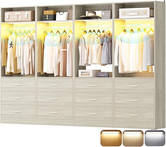 Besiost 8FT Closet System with 4 Motion Sensor LED Lights, 96" Closet Systems with 12 Drawers, Closet Organizer System with 4 Hanging Rods & 4 Shelves, Heavy Duty 96 Inch Walk-in Closet, White Oak
