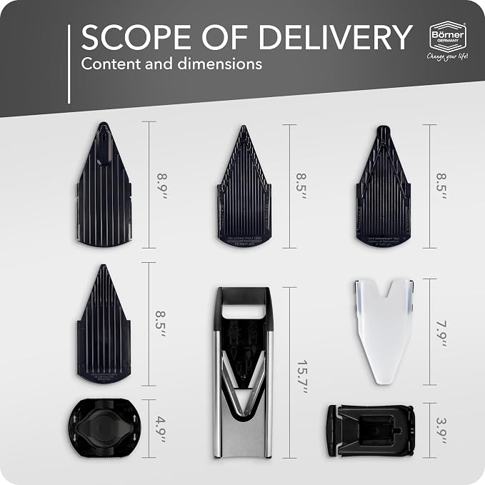 Börner Mandline Slicer V6 (Profi Set) • Stainless Steel Slicer with V-Blade • Adjustable Vegetable Slicer for Vegetables & Fruits • Slices, Strips & Dices in Various Thicknesses • Grater