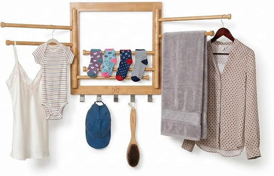 Honey-Can-Do Bamboo Wall-Mount Swivel-Arm Drying Rack, 80 lb, Natural | Wall-mount bamboo rack with 8 swivel arms holds 80 lb; folds to 1.7 in deep. Ships assembled with 5 steel hooks.