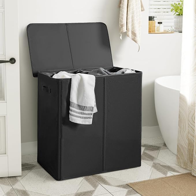 WOWLIVE 140L Double Laundry Hamper 2 Section with Lid and Removable Bags | Divided Laundry Basket, Large Dirty Clothes Hamper with Handle, Collapsible Laundry Storage for Dorm Room, College, Black
