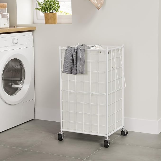 WOWLIVE Rolling Laundry Basket, Metal Wire Frame Laundry Hamper with Wheels | Hamper with Removable Bag, 100L Dirty Clothes Hamper Organizer Dorm Room Storage for Bedroom, Bathroom, White