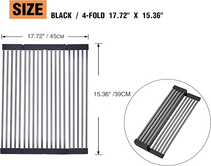 Foldable Over Sink Dish Drying Rack, 304 Stainless Steel Kitchen Drain Rack for Tableware, Detachable Silicone Edge, Rectangular Tubing,Black,4 Fold 17.72" x 15.36"