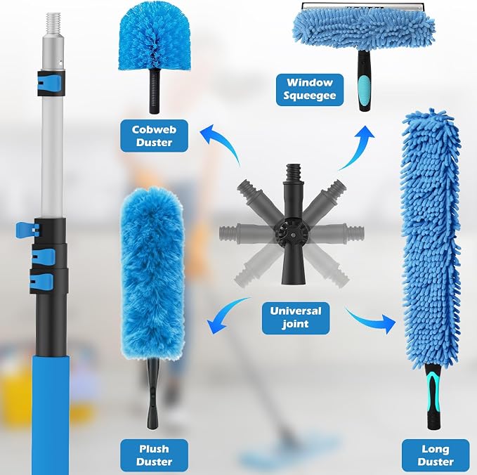 16FT Reach High Ceiling Duster Kits with 3-12FT Adjustable Pole - Includes Extra Long Duster, High Ceiling Duster, Rotatable Window Squeegee & Cobweb Duster for Ceiling Fans and Whole House Cleaning