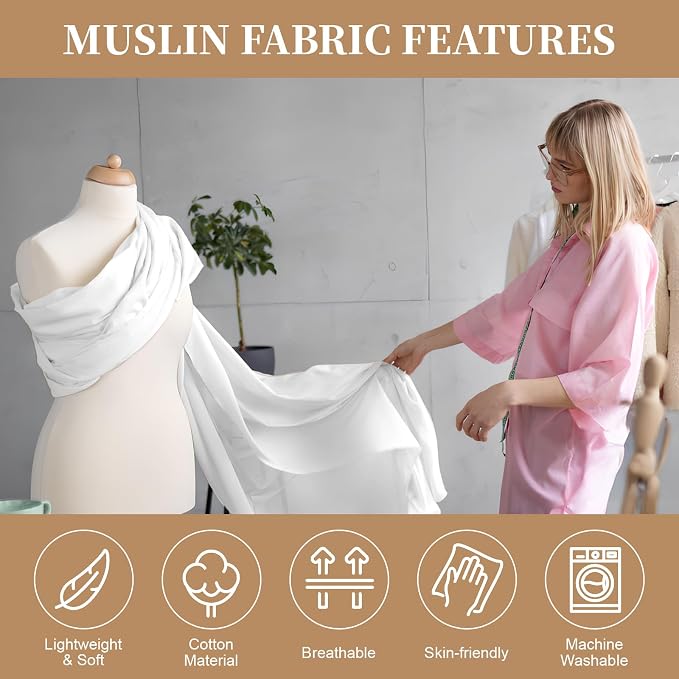 100% Cotton Muslin Fabric, 63 Inch X 10 Yards White Fabric by The Yard | Medium Weight, Easy Care, Fabric for Sewing Embroidery , Garments, Crafts Material, Apparel Cloth
