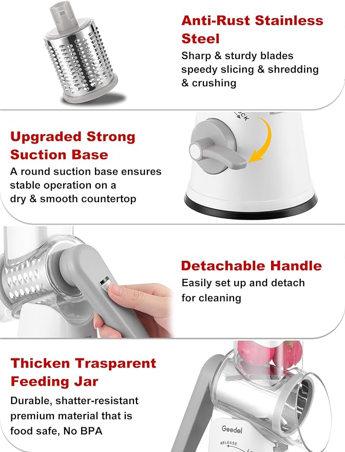 Geedel Rotary Cheese Grater Cheese Shredder - Upgraded 5-in-1 Cheese Grater with Handle and Strong Suction Base, Multi-purpose Vegetable Slicer Ice Shaver Nuts Grinder for Cheese, Vegetables, Ice