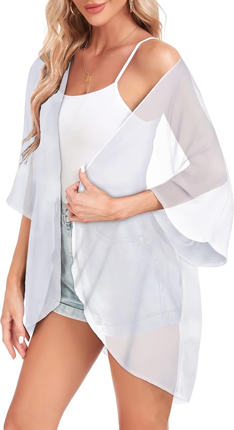 Women Kimono Cardigans Summer Cover Up Hawaiian Shirts Floral Print Tops | ROSEMIA chiffon kimono open front cardigans, beach cover ups, daily casual tops, cruise outfits, summer resort wear