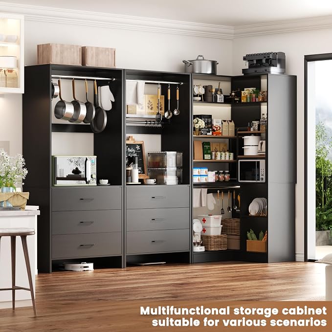 Aheaplus Closet System with 6 Drawers, 4 Hanging Rods & Corner Tower, Corner Closet System with Hanging,80.9" L-Shaped Walk-In Wardrobe Organizer, 2000+ lbs Capacity, Set of 3, Black