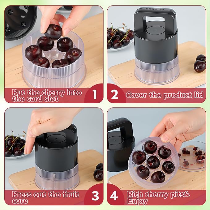 7-in-1 Cherry Pitter Tool,1.5" Extra Large Slots Making Cherry Jam | Food Grade Multi-Fruit Corer with Anti-Splatter Guard, Upgraded Easy Push Seed Remover,Dishwasher Safe