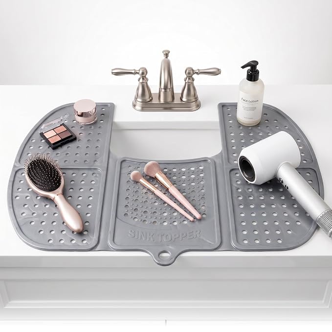 Sink Topper Bathroom Sink Cover for Counter Space, Large Silver | Holds up to 7 lb on a steel frame; fits over basins 19-23 in; 480°F silicone; foldable makeup mat; countertop extender