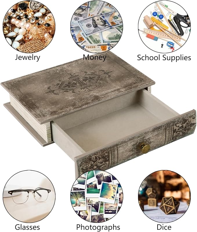 Vintage Book-Shaped Storage Box with Drawer, Distressed Vintage Brown Faux Leather Finish and Gothic Medallion Motif, Decorative Hidden Organizer for Home or Office 9.5″ x 6.7″ x 2″