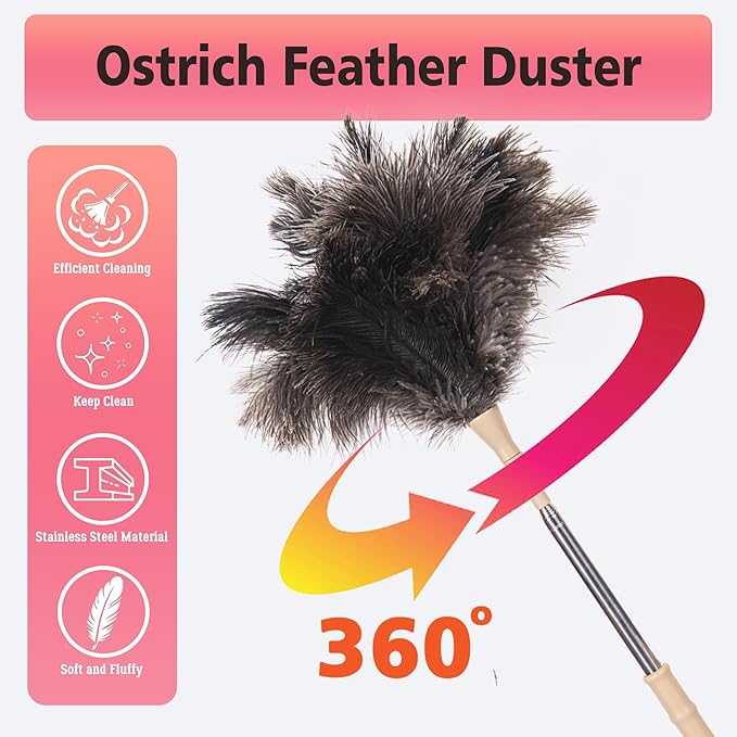 Extendable Ostrich Feather Duster, Natural Ostrich Feathers Long Handle Duster for Cleaning, 47” Soft & Fluffy Feather Duster for High Ceilings, Fans, Walls, Furniture, Home Dusting