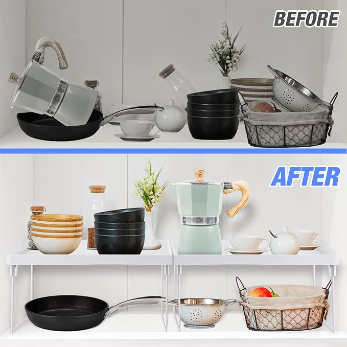 NiHome 4-Pack Stackable Plastic Kitchen Storage Shelf Foldable Rack, White | Stackable Kitchen Cabinet Organizer and Storage Shelves, Expandable Storage Racks for Counter Cabinet Pantry