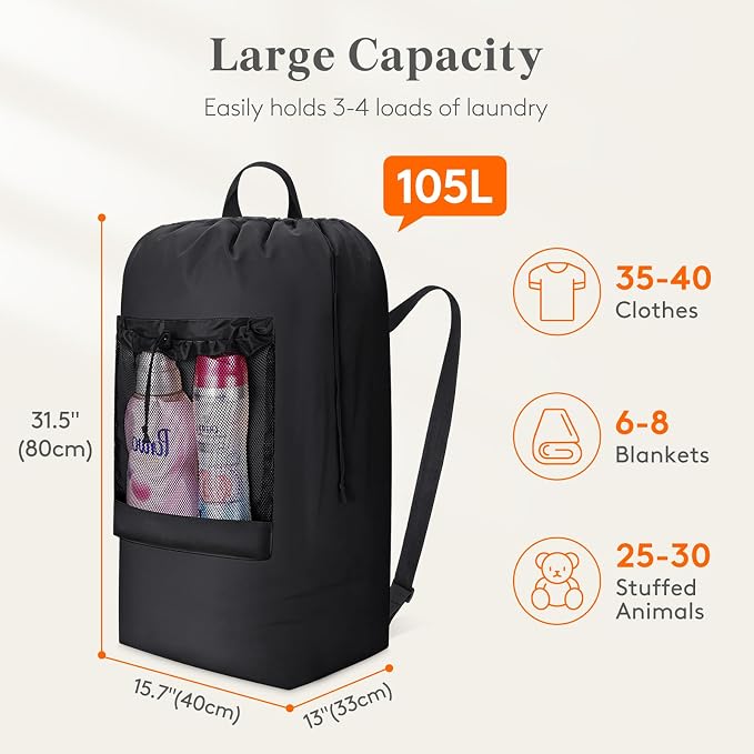 Lifewit Laundry Bag Backpack Travel, 105L, Black | Extra Large Bag with Shoulder Straps and Mesh Pocket for Laundromat, Heavy Duty Basket for Dirty Cloth College Dorm Apartment