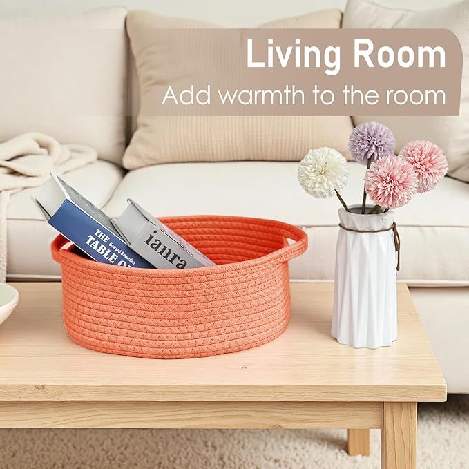 JMvicyroam Woven Basket,Small Rope Storage Bin with Handles & Ribbon Bag, Organizer for Shelves Closets,Gift Basket Empty for Birthday,Books,Dog Toys,Orange/3 Pack
