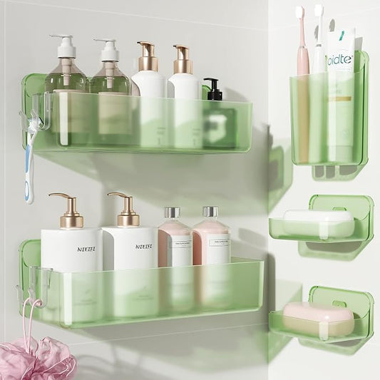 Nieifi Adhesive Shower Shelves, Green, 5 Pieces | Rustproof ABS, Large Capacity, Removable Design, Easy-Clean, No Drilling Shower Organizer for Bathroom Storage & Home Decor