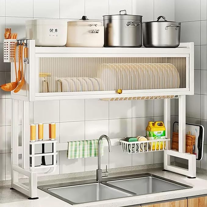 Hdrriozu Over the Sink 3 Tier Dish Drying Rack with Cover, Milkshake White | Rust resistant built last. Easy install simple tools. Holds dishes glasses bowls. Space saving over sink tidy kitchen.