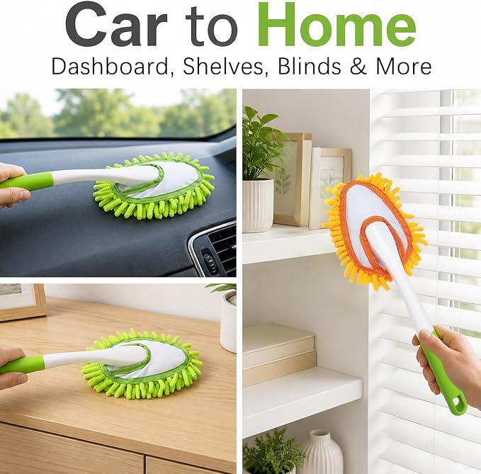Microfiber Duster for Cleaning, Hand Washable Dusters with 4 pcs Replaceable Microfiber Head,Wet and Dry Use, Detachable Cleaning Supplies for Office, Car, Window, Furniture, Wall