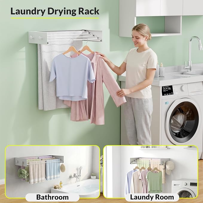 Foldable Wall Mounted Drying Rack, Stainless Steel Expandable Clothes Drying Rack with 6 Knobs, Heavy Duty Laundry Drying Rack for Apartment, Laundry Room, Balcony, 4 Thickened Rods