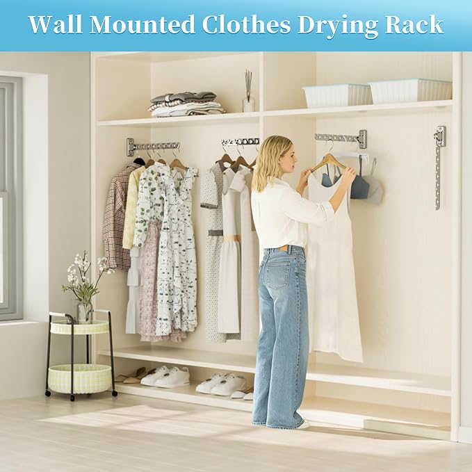 Alise Clothes Drying Rack Wall Mounted,Folding Coat Hanger,Polished Chrome | Hanger Rack Clothes Hook Closet Storage Organizer,Swivel Space Saving Clothes Hanger Rack for Bedroom Bathroom Laundry