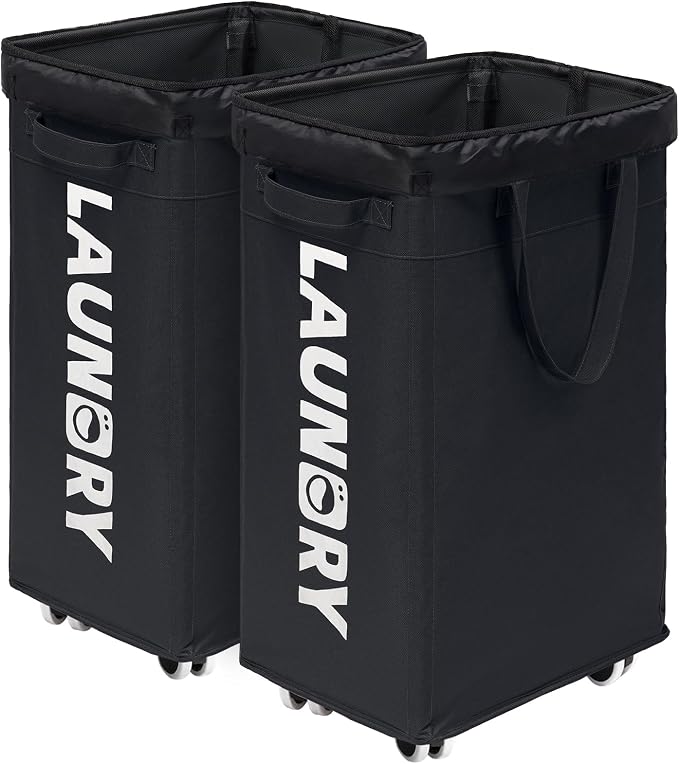 CHICVITA 75L Laundry Basket with Wheels 2-Pack, Wash Bags, Black | Tall collapsible laundry basket set for corner spaces and college dorms. Removable wash bags included