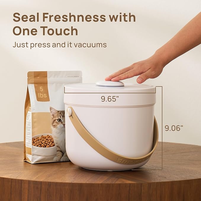 smartoo Vacuum Cat Dog Food Storage Container 5 lb/5.3 Qt, Airtight Dry Dog & Cat Food Bin with One-Button Vacuum Sealing, Magnetic Scoop Incl., BPA-Free, Durable Storage with Rechargeable Battery