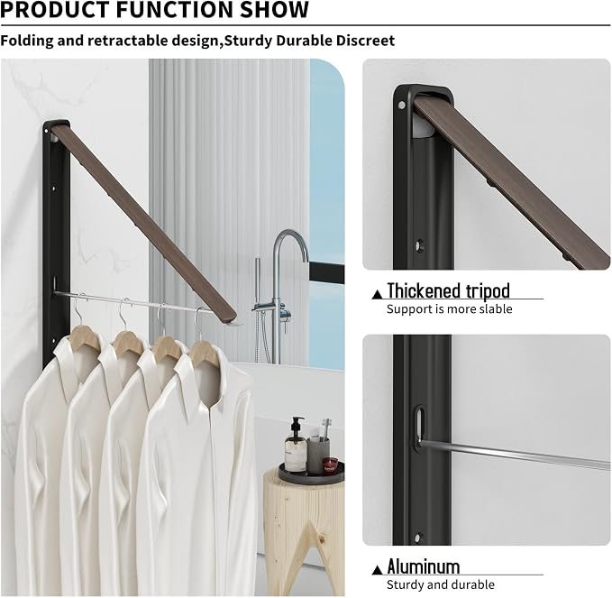 Folding Clothes Hanger Rack Wall mounted for Laundry Clothes Drying Rack | Foldable Hanger Rack Laundry Hanger Dryer Rack, Easy to Install, Closet Storage Organization, Space Saving Aluminium, Walnut