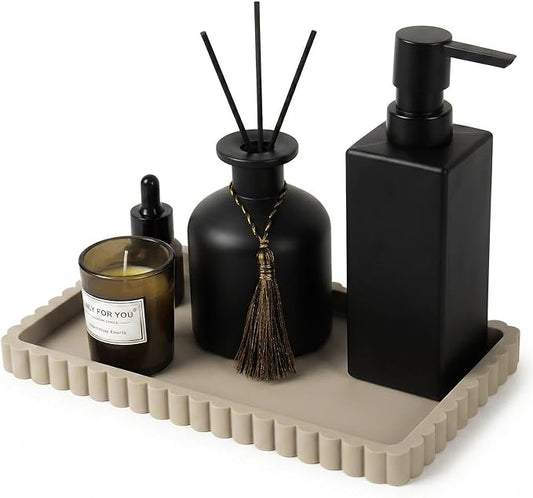 Silicone Bathroom Vanity Tray, Sink Caddy for Dish Soap Dispenser, Sponge Holder for Kitchen Sink, Rectangle Bathroom Countertop Organizer for Perfume, Jewelry, Candle (9.9” * 6”, Khaki)