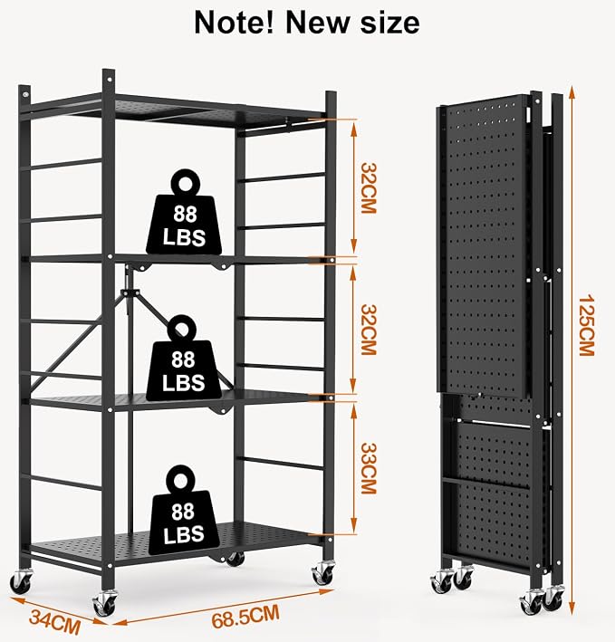 Himix Storage Shelves with 20 Hooks, 4-Tier Foldable Shelves for Storage, Folding Shelf Unit Pantry Shelves with Wheels, Metal Shelving Storage Rack Shelf for Kitchen Garage Home, Black - No Assembly