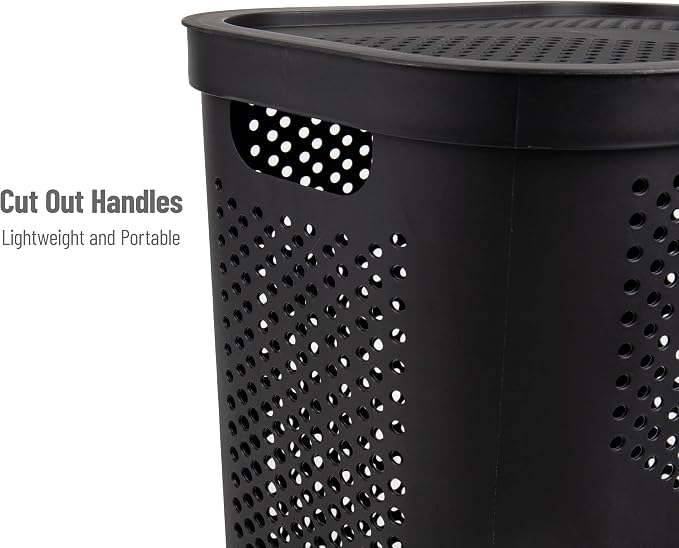 Mind Reader Slim Laundry Hamper with Lid, 60L Clothes Basket, Ventilated Plastic, Black
